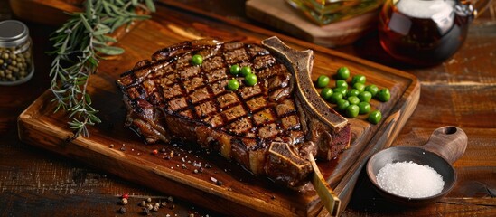 A classic New York steakhouse favorite, a Grade A angus beef T-bone steak, cooked medium to rare, garnished with peas, olive oil, salt, and pepper, perfect for a copy-space image.