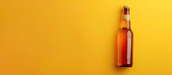Flat lay arrangement of a beer bottle showcased on a vibrant yellow backdrop, offering ample copy space image for creative additions.