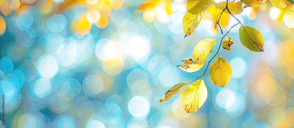 Poster autumn park setting with vibrant foliage hanging against a sky backdrop featuring bokeh, ideal for a