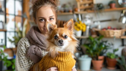 A Caucasian woman holding a Chihuahua in a yellow sweater, both indoors surrounded by plants and kitchen items.