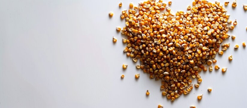 Heart-shaped corn seeds displayed from a top perspective on a white surface with ample copy space image.