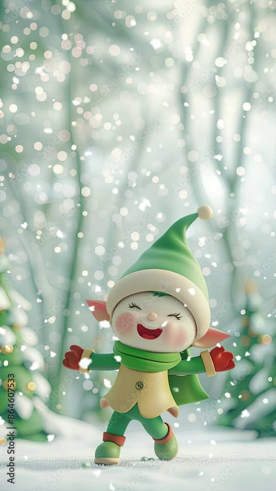 Poster Cute Cartoon Christmas Elf Character. Digital Holiday Christmas Greeting Card Background Loop