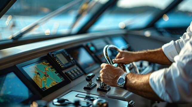 Caucasian male captain navigating a yacht with modern digital equipment during daylight.