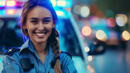 A smiling woman in a blue uniform stands in front of a police car, policewoman