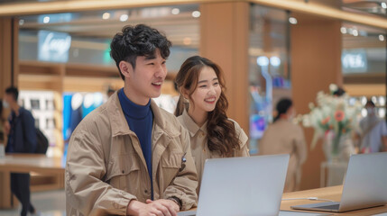 Young Asian couple smiling while using a laptop in a modern tech store.