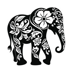Contrast floral styled silhouette of a cute elephant
