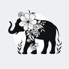 Contrast floral styled silhouette of a cute elephant