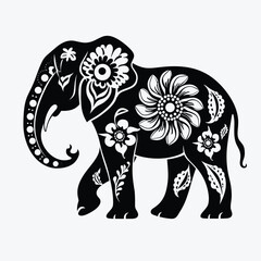 Contrast floral styled silhouette of a cute elephant