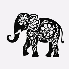 Contrast floral styled silhouette of a cute elephant