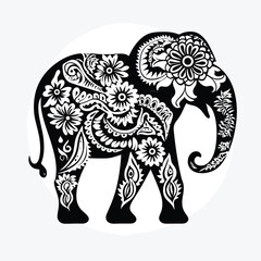Contrast floral styled silhouette of a cute elephant