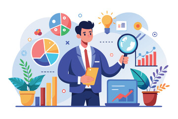 a vector illustration depicting a procurement manager conducting an audit of company assets and managing purchases