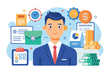 a vector illustration depicting a procurement manager conducting an audit of company assets and managing purchases