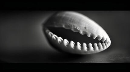 Naklejka premium The smooth glossy surface of a cowrie shell with subtle hints of texture along its edges. Black and white art