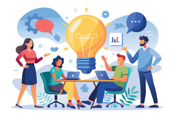 a vector illustration showing business people engaged in a discussion, with a large lightbulb made up of speech bubbles above them,