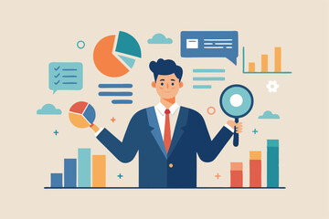a vector illustration of a businessman conducting market research, holding magnifying glasses while examining different graphs and charts.