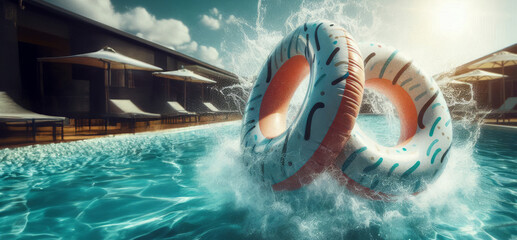 Front view, low angle shot of two colorful inflatable pool rings floating in a swimming pool. Dynamic water splashes capture the carefree spirit of summer leisure, evoking a playful and relaxing vibe
