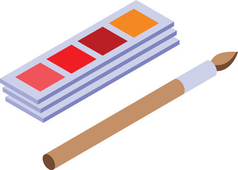 Watercolor set with brush is laying on white background, ready for painting