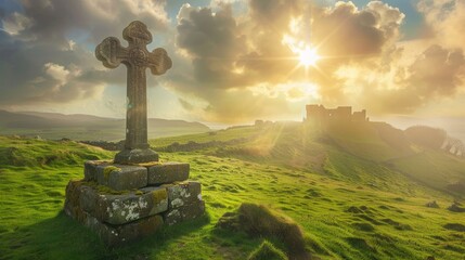 Celtic cross on a green hill with sunshine in the sky. Heavenly light behind ancient symbol of faith