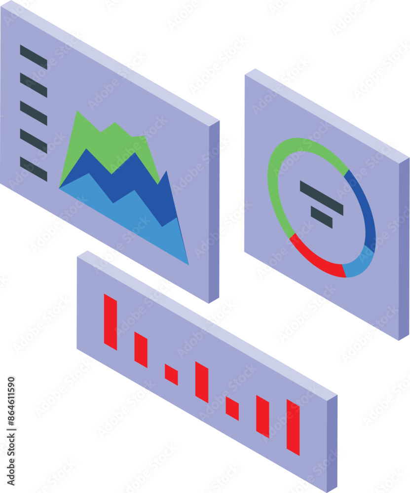Poster isometric data driven marketing with charts and graphs displaying key performance indicators