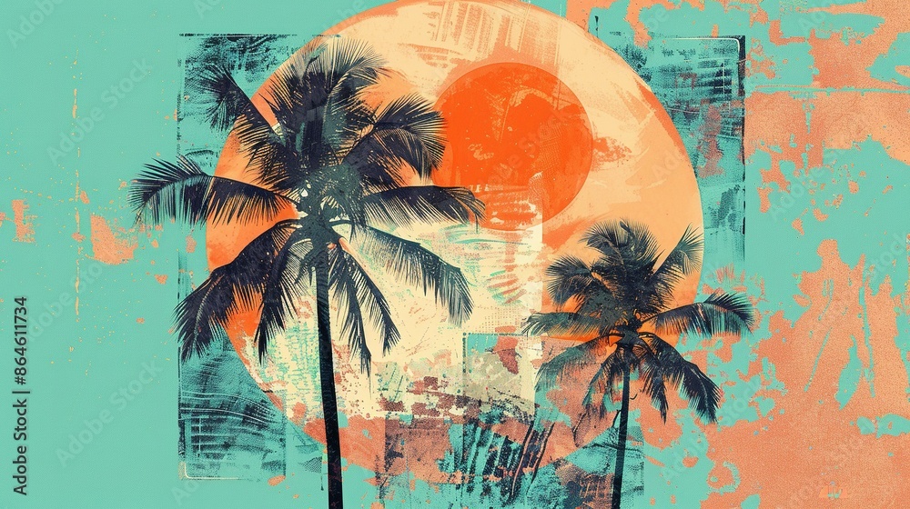 Fototapete retro collage with circular palm tree frame and vibrant abstract summer motifs in warm citrus shades
