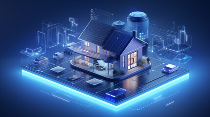A smart home with solar panels, digital holographic blue isometric floating in the air, surrounded by various connected devices such as cars and buildings.