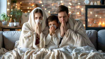 Young sick family wrapped in blankets sitting on sofa at home sneezing suffering from runny nose and feeling unhealthy with influenza or seasonal flu or cold. Family health and medicine concept.