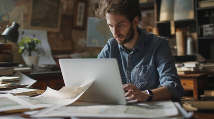 Portrait of professional cartographer looking at laptop monitor screen, working with printed cadastral map at table on workplace. Young man analyzing cadastral map searching for building plot.