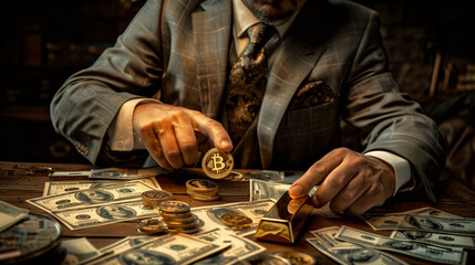 Rich man, the boss, sits at a table strewn with cash money, holding a gold bar and a bitcoin coin, symbolizing financial prowess and wealth in the cryptocurrency market or online trading.