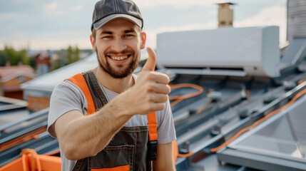 Portrait of happy smiling male worker technician wearing overall installing air conditioner and looking cheerful at camera showing thumb up sigh on rooftop. Ventilation system maintenance concept