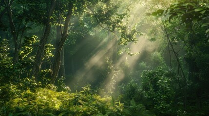 Fototapeta premium A lush green forest with sunlight filtering through trees, showcasing natural beauty and biodiversity