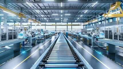 A modern industrial factory floor with robotic assembly lines, showcasing automated manufacturing processes