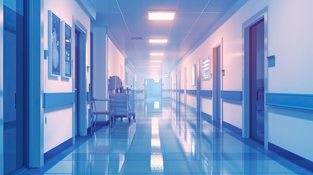A hospital corridor with medical equipment and staff, highlighting healthcare facilities
