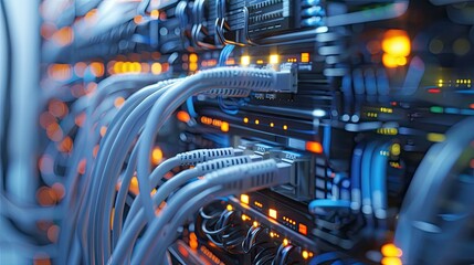 Close-up of a data center with servers and cables, showcasing IT facilities