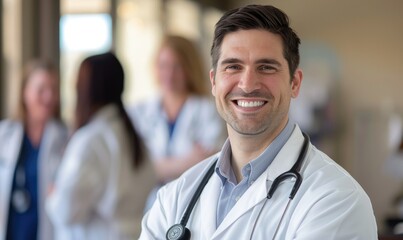 Handsome Male Doctor Smiling with Medical Team in Background