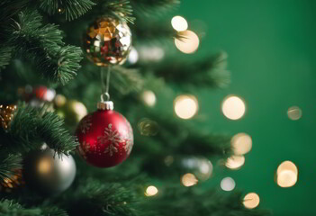 Naklejka premium Christmas Tree Decorated With Ornaments on Green Background