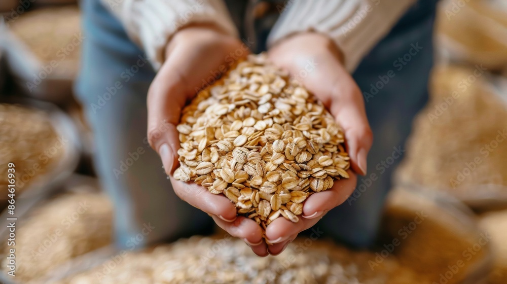 Wall mural Hands holding oats in a rustic setting - Wall murals