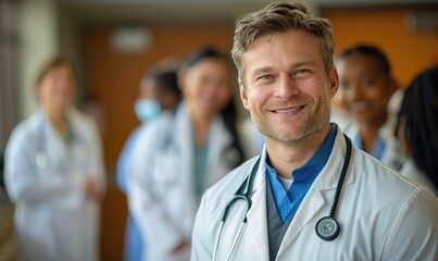 Handsome Male Doctor Smiling with Medical Team in Background