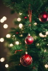 Fototapeta premium Christmas Tree Decorated With Ornaments on Green Background