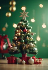 Christmas Tree Decorated With Ornaments on Green Background