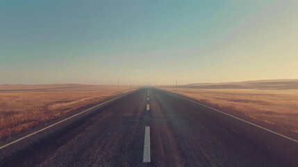 An endless empty road cutting through a vast field  extending towards the distant horizon  Long highway road landscape in a rural area  AI Generated