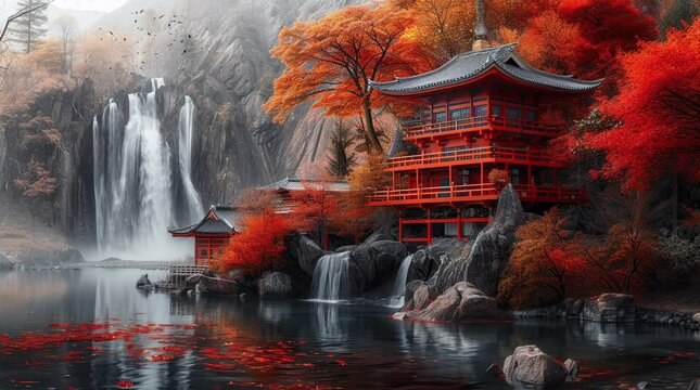 Traditional Japanese house by a scenic river waterfall during autumn. Tranquil and picturesque seasonal landscape.
 Seamless looping 4k time-lapse virtual video animation background. Generated AI