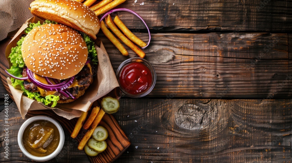 Wall mural Juicy Cheeseburger on a Wooden Table with Sides