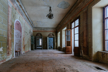 Old majestic abandoned historical mansion Pertovo-Dalnee, Moscow region, inside view