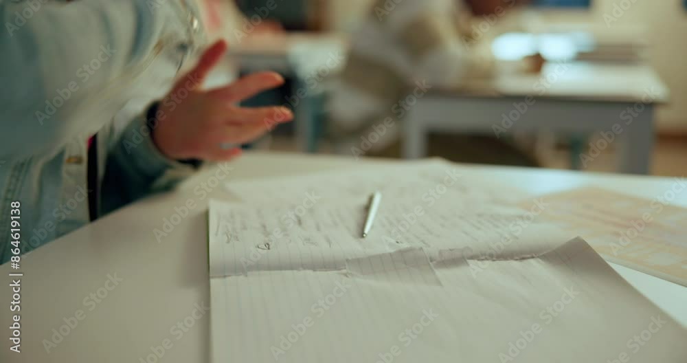 Poster Classroom, frustrated and student tearing book on desk with exam stress, studying and notes. Education, mistake and angry teenager person with crumpled paper, burnout and mental health at high school