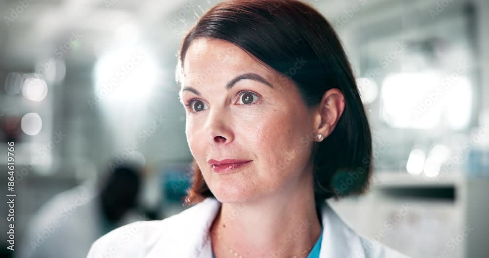 Poster Science, thinking and woman at computer reading research for study with education in biotechnology. Check, online and scientist search for solution or information on internet with laboratory project