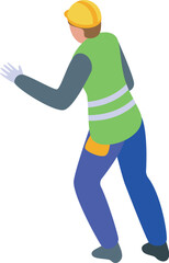 Construction worker walking and pointing with his hand in isometric view