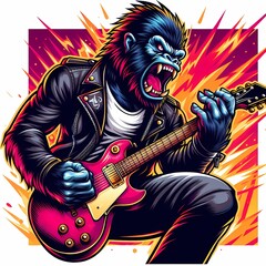 Gorilla Playing Electric Guitar Illustration for T-Shirt Design