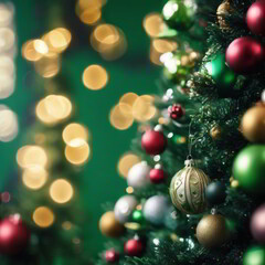 Christmas Tree Decorated With Ornaments on Green Background