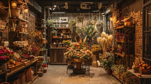 Cozy flower shop interior with various plants and decorations