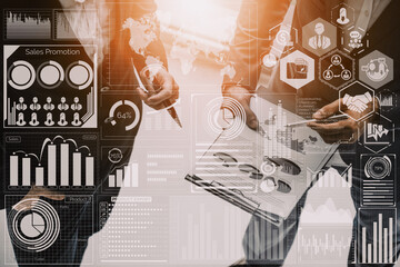 Big Data Technology for Business Finance Analytic Concept. Modern graphic interface shows massive...